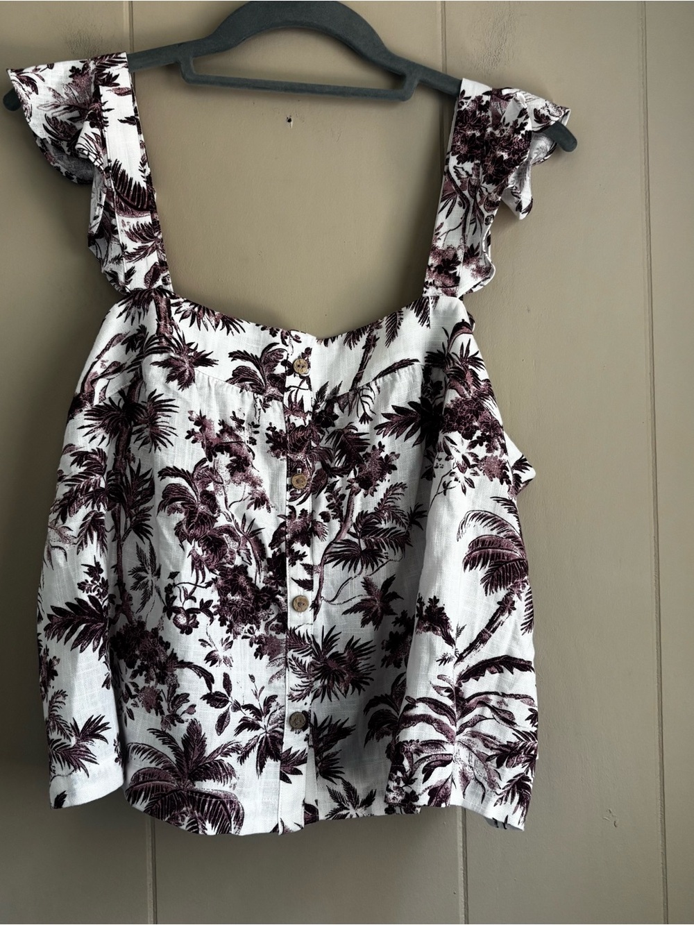 LC Lauren Conrad Ruffle Shoulder White and PlumTank Top Toile Palm Print Size M